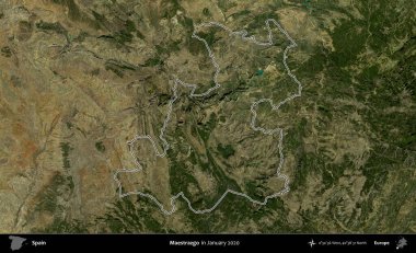 Maestrazgo. İspanya 'nın idari alanı, Ocak 2020' de çekilen Global Mozaik Sentinel-2 karolarından oluşan bir uydu görüntüsü üzerinde özetlenmiştir.