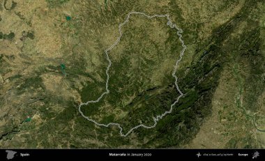Matarrana. İspanya 'nın idari alanı, Ocak 2020' de çekilen Global Mozaik Sentinel-2 karolarından oluşan bir uydu görüntüsü üzerinde özetlenmiştir.