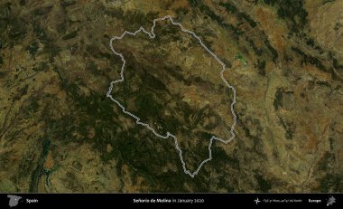 Senorio de Molina. İspanya 'nın idari alanı, Ocak 2020' de çekilen Global Mozaik Sentinel-2 karolarından oluşan bir uydu görüntüsü üzerinde özetlenmiştir.