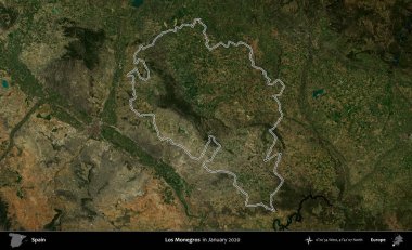 Los Monegros 'ta. İspanya 'nın idari alanı, Ocak 2020' de çekilen Global Mozaik Sentinel-2 karolarından oluşan bir uydu görüntüsü üzerinde özetlenmiştir.