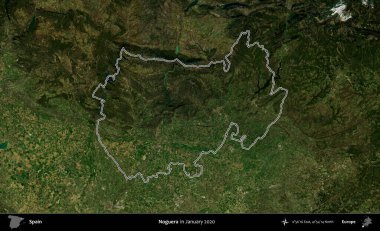 Noguera. İspanya 'nın idari alanı, Ocak 2020' de çekilen Global Mozaik Sentinel-2 karolarından oluşan bir uydu görüntüsü üzerinde özetlenmiştir.