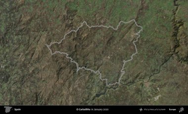 O Carballino. İspanya 'nın idari alanı, Ocak 2020' de çekilen Global Mozaik Sentinel-2 karolarından oluşan bir uydu görüntüsü üzerinde özetlenmiştir.