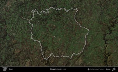 O Deza. İspanya 'nın idari alanı, Ocak 2020' de çekilen Global Mozaik Sentinel-2 karolarından oluşan bir uydu görüntüsü üzerinde özetlenmiştir.