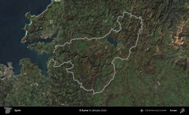 O Eume. İspanya 'nın idari alanı, Ocak 2020' de çekilen Global Mozaik Sentinel-2 karolarından oluşan bir uydu görüntüsü üzerinde özetlenmiştir.