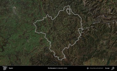 O 's Ancare. İspanya 'nın idari alanı, Ocak 2020' de çekilen Global Mozaik Sentinel-2 karolarından oluşan bir uydu görüntüsü üzerinde özetlenmiştir.