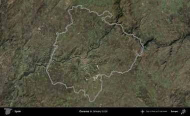 Bizim hakkımız. İspanya 'nın idari alanı, Ocak 2020' de çekilen Global Mozaik Sentinel-2 karolarından oluşan bir uydu görüntüsü üzerinde özetlenmiştir.