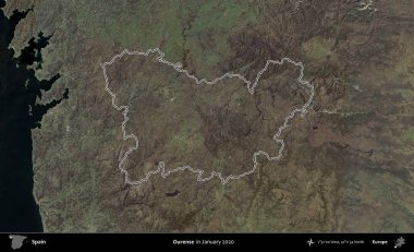 Bizim hakkımız. İspanya 'nın idari alanı, Ocak 2020' de çekilen Global Mozaik Sentinel-2 karolarından oluşan bir uydu görüntüsü üzerinde özetlenmiştir.