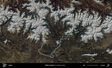 Pallars Sobira. İspanya 'nın idari alanı, Ocak 2020' de çekilen Global Mozaik Sentinel-2 karolarından oluşan bir uydu görüntüsü üzerinde özetlenmiştir.