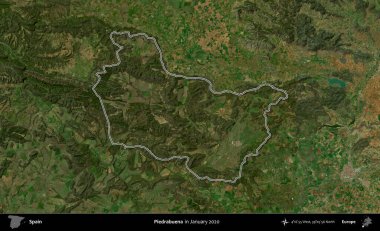 Piedrabuena 'da. İspanya 'nın idari alanı, Ocak 2020' de çekilen Global Mozaik Sentinel-2 karolarından oluşan bir uydu görüntüsü üzerinde özetlenmiştir.