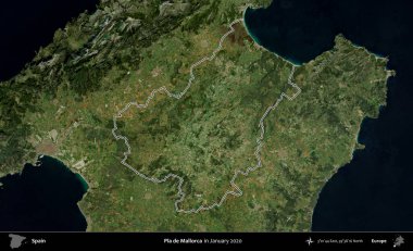 Pla de Mallorca. İspanya 'nın idari alanı, Ocak 2020' de çekilen Global Mozaik Sentinel-2 karolarından oluşan bir uydu görüntüsü üzerinde özetlenmiştir.