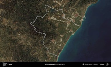 la Plana Baixa. İspanya 'nın idari alanı, Ocak 2020' de çekilen Global Mozaik Sentinel-2 karolarından oluşan bir uydu görüntüsü üzerinde özetlenmiştir.