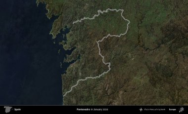 Pontevedra. İspanya 'nın idari alanı, Ocak 2020' de çekilen Global Mozaik Sentinel-2 karolarından oluşan bir uydu görüntüsü üzerinde özetlenmiştir.