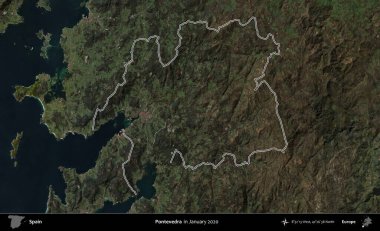 Pontevedra. İspanya 'nın idari alanı, Ocak 2020' de çekilen Global Mozaik Sentinel-2 karolarından oluşan bir uydu görüntüsü üzerinde özetlenmiştir.