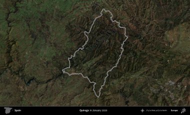 Quiroga. İspanya 'nın idari alanı, Ocak 2020' de çekilen Global Mozaik Sentinel-2 karolarından oluşan bir uydu görüntüsü üzerinde özetlenmiştir.