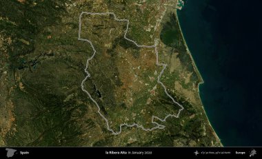la Ribera Alta. İspanya 'nın idari alanı, Ocak 2020' de çekilen Global Mozaik Sentinel-2 karolarından oluşan bir uydu görüntüsü üzerinde özetlenmiştir.
