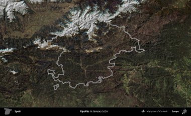 Ripolles. İspanya 'nın idari alanı, Ocak 2020' de çekilen Global Mozaik Sentinel-2 karolarından oluşan bir uydu görüntüsü üzerinde özetlenmiştir.