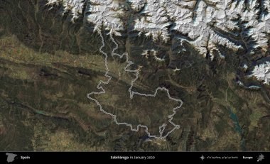 Sabinanigo. İspanya 'nın idari alanı, Ocak 2020' de çekilen Global Mozaik Sentinel-2 karolarından oluşan bir uydu görüntüsü üzerinde özetlenmiştir.