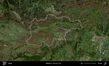 Sakana. İspanya 'nın idari alanı, Ocak 2020' de çekilen Global Mozaik Sentinel-2 karolarından oluşan bir uydu görüntüsü üzerinde özetlenmiştir.