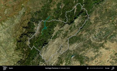 Santiago-Pontones. İspanya 'nın idari alanı, Ocak 2020' de çekilen Global Mozaik Sentinel-2 karolarından oluşan bir uydu görüntüsü üzerinde özetlenmiştir.