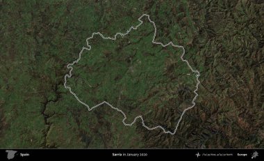 Sarria. İspanya 'nın idari alanı, Ocak 2020' de çekilen Global Mozaik Sentinel-2 karolarından oluşan bir uydu görüntüsü üzerinde özetlenmiştir.