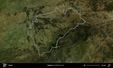 Segovia 'da. İspanya 'nın idari alanı, Ocak 2020' de çekilen Global Mozaik Sentinel-2 karolarından oluşan bir uydu görüntüsü üzerinde özetlenmiştir.