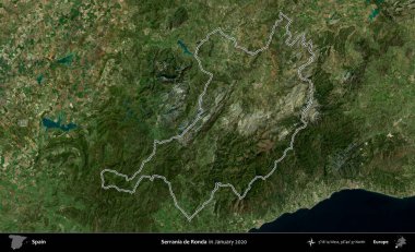 Serrania de Ronda. İspanya 'nın idari alanı, Ocak 2020' de çekilen Global Mozaik Sentinel-2 karolarından oluşan bir uydu görüntüsü üzerinde özetlenmiştir.