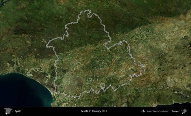 Sevilla. İspanya 'nın idari alanı, Ocak 2020' de çekilen Global Mozaik Sentinel-2 karolarından oluşan bir uydu görüntüsü üzerinde özetlenmiştir.