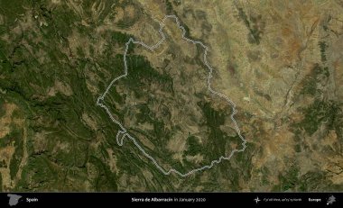Sierra de Albarracin. İspanya 'nın idari alanı, Ocak 2020' de çekilen Global Mozaik Sentinel-2 karolarından oluşan bir uydu görüntüsü üzerinde özetlenmiştir.