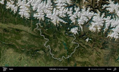 Sobrarbe. İspanya 'nın idari alanı, Ocak 2020' de çekilen Global Mozaik Sentinel-2 karolarından oluşan bir uydu görüntüsü üzerinde özetlenmiştir.