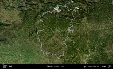 Solone 'lar. İspanya 'nın idari alanı, Ocak 2020' de çekilen Global Mozaik Sentinel-2 karolarından oluşan bir uydu görüntüsü üzerinde özetlenmiştir.