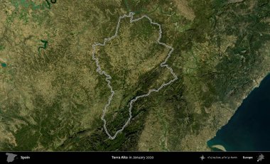Terra Alta. İspanya 'nın idari alanı, Ocak 2020' de çekilen Global Mozaik Sentinel-2 karolarından oluşan bir uydu görüntüsü üzerinde özetlenmiştir.