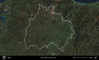 Terra Cha. İspanya 'nın idari alanı, Ocak 2020' de çekilen Global Mozaik Sentinel-2 karolarından oluşan bir uydu görüntüsü üzerinde özetlenmiştir.