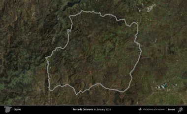 Terra da Celanova. İspanya 'nın idari alanı, Ocak 2020' de çekilen Global Mozaik Sentinel-2 karolarından oluşan bir uydu görüntüsü üzerinde özetlenmiştir.