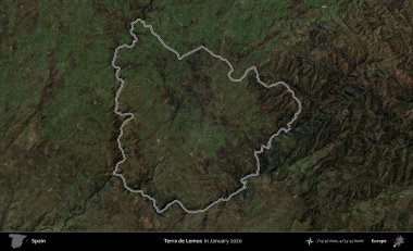 Terra de Lemos. İspanya 'nın idari alanı, Ocak 2020' de çekilen Global Mozaik Sentinel-2 karolarından oluşan bir uydu görüntüsü üzerinde özetlenmiştir.