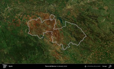 Tierra de Barros. İspanya 'nın idari alanı, Ocak 2020' de çekilen Global Mozaik Sentinel-2 karolarından oluşan bir uydu görüntüsü üzerinde özetlenmiştir.