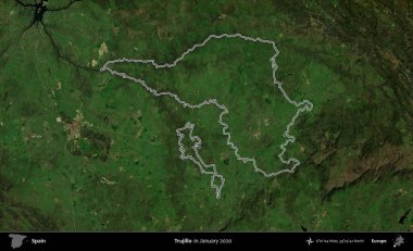 Trujillo. İspanya 'nın idari alanı, Ocak 2020' de çekilen Global Mozaik Sentinel-2 karolarından oluşan bir uydu görüntüsü üzerinde özetlenmiştir.