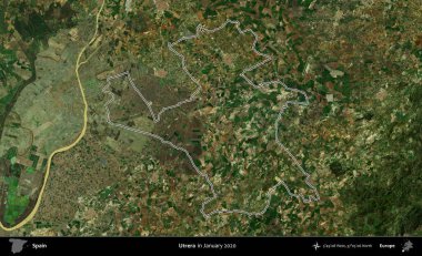 Utrera. İspanya 'nın idari alanı, Ocak 2020' de çekilen Global Mozaik Sentinel-2 karolarından oluşan bir uydu görüntüsü üzerinde özetlenmiştir.