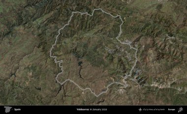 Valdeorras. İspanya 'nın idari alanı, Ocak 2020' de çekilen Global Mozaik Sentinel-2 karolarından oluşan bir uydu görüntüsü üzerinde özetlenmiştir.