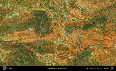 Valdepenas 'lar. İspanya 'nın idari alanı, Ocak 2020' de çekilen Global Mozaik Sentinel-2 karolarından oluşan bir uydu görüntüsü üzerinde özetlenmiştir.