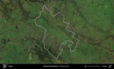 Valencia de Alcantara. İspanya 'nın idari alanı, Ocak 2020' de çekilen Global Mozaik Sentinel-2 karolarından oluşan bir uydu görüntüsü üzerinde özetlenmiştir.
