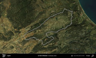 La Vall d 'Albaida' da. İspanya 'nın idari alanı, Ocak 2020' de çekilen Global Mozaik Sentinel-2 karolarından oluşan bir uydu görüntüsü üzerinde özetlenmiştir.
