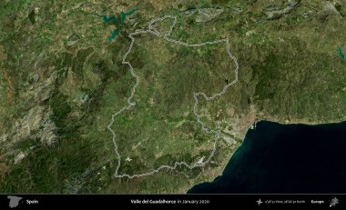 Valle del Guadalhorce. İspanya 'nın idari alanı, Ocak 2020' de çekilen Global Mozaik Sentinel-2 karolarından oluşan bir uydu görüntüsü üzerinde özetlenmiştir.