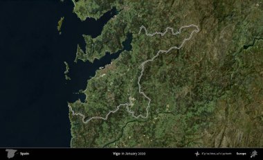 Vigo. İspanya 'nın idari alanı, Ocak 2020' de çekilen Global Mozaik Sentinel-2 karolarından oluşan bir uydu görüntüsü üzerinde özetlenmiştir.