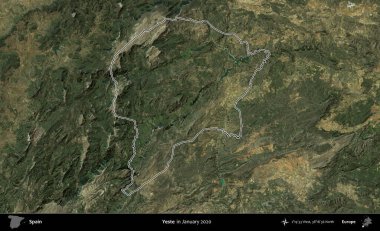 Yeste. İspanya 'nın idari alanı, Ocak 2020' de çekilen Global Mozaik Sentinel-2 karolarından oluşan bir uydu görüntüsü üzerinde özetlenmiştir.