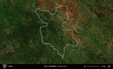 Zafra - Rio Bodion. İspanya 'nın idari alanı, Ocak 2020' de çekilen Global Mozaik Sentinel-2 karolarından oluşan bir uydu görüntüsü üzerinde özetlenmiştir.
