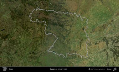 Zamora. İspanya 'nın idari alanı, Ocak 2020' de çekilen Global Mozaik Sentinel-2 karolarından oluşan bir uydu görüntüsü üzerinde özetlenmiştir.