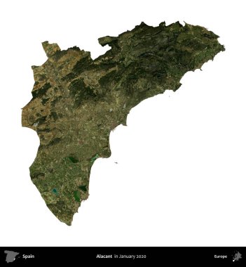 Alacant. İspanya 'nın idari bölgesi, Ocak 2020' de çekilen Global Mozaik Sentinel-2 karolarından oluşan bir uydu görüntüsü üzerinde beyaza izole edildi.