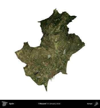 Alacanti. İspanya 'nın idari bölgesi, Ocak 2020' de çekilen Global Mozaik Sentinel-2 karolarından oluşan bir uydu görüntüsü üzerinde beyaza izole edildi.