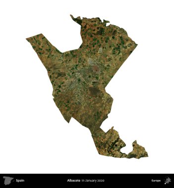 Albacete. İspanya 'nın idari bölgesi, Ocak 2020' de çekilen Global Mozaik Sentinel-2 karolarından oluşan bir uydu görüntüsü üzerinde beyaza izole edildi.