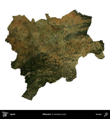 Albacete. İspanya 'nın idari bölgesi, Ocak 2020' de çekilen Global Mozaik Sentinel-2 karolarından oluşan bir uydu görüntüsü üzerinde beyaza izole edildi.